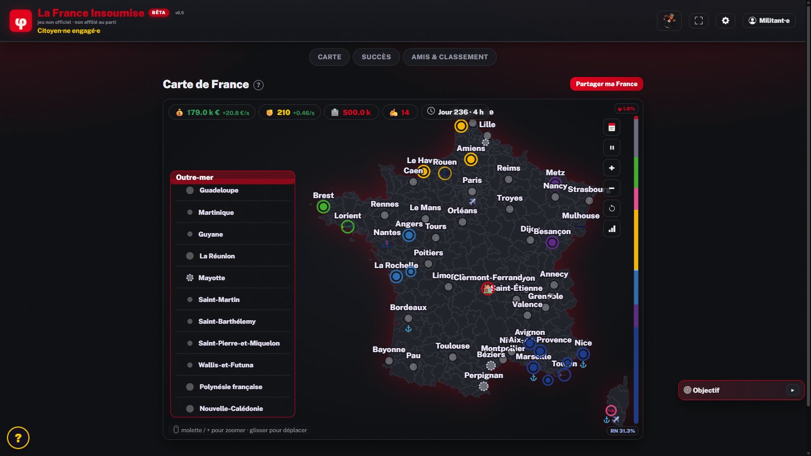 Capture du Jeu LFI : la carte de France avec les villes à conquérir, les ressources et le classement